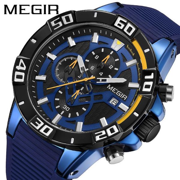 

wristwatches megir men's watch blue silicone luminous waterproof sport men chronograph quartz relogio masculino, Slivery;brown