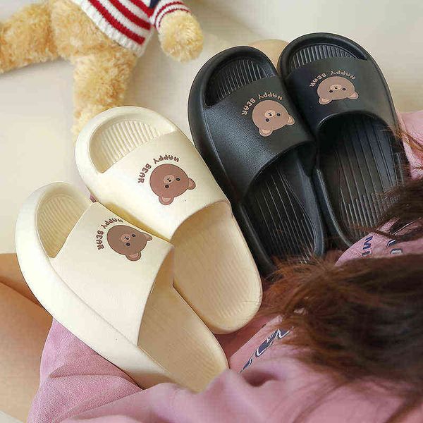 

soft women summer men's slippers indoor bathroom home thick non-slip couple cartoon flip flops bear beach sandals ladies shoes y220307, Black