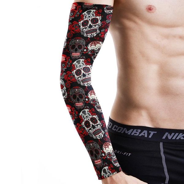 

cool skull tattoos arm sleeves comfortable compression men ice silk outdoor climbing cycling sports sun elbow & knee pads, Black;gray