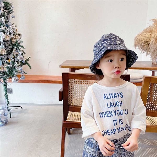

spring summer fashion letter casual t-shirts kids girls boys cotton loose long sleeve tee 210615, Blue