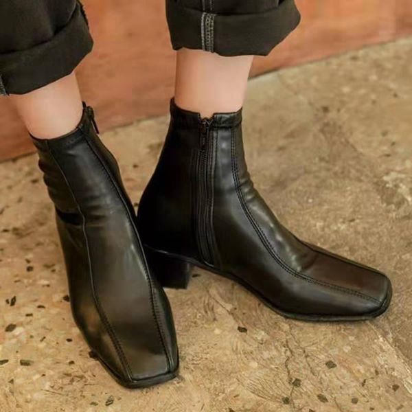 

boots spring autumn stretch ankle for women square toe zip high heels shoes fashion female botas de mujer, Black