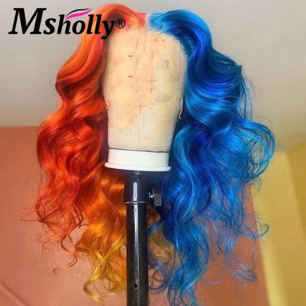 

lace wigs 180% colored body wave front wig 4x4 closure half blue purple brazilian remy human hiar 8-26, Black;brown