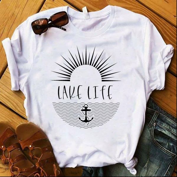 

camper lake life printed women t shirts short sleeve loose tee graphic, White