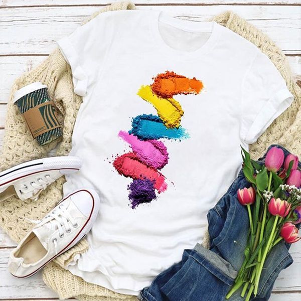 

graphic color stripe vogue make womens t shirt up fashion finger nail summer lady clothing clothes female, White