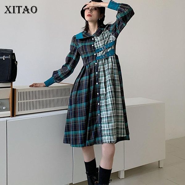 

casual dresses xitao patchwork plaid button dress women 2021 winter fashion style temperament all match square collar zy2419, Black;gray