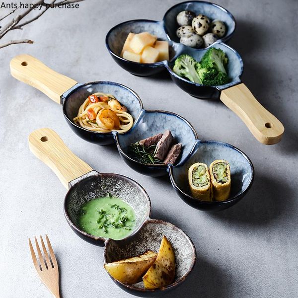 

bowls japanese ceramics handle snack bowl breakfast plates three grid salad fruit with wooden decorative tableware