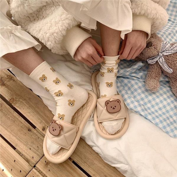 

slippers bear women kawaii shoes sandals summer home soft anime casual flat bathroom slides 2021, Black