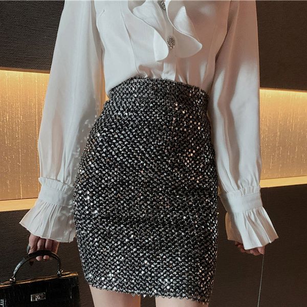 

women high waist midi skirt sequined fashion midi bottoms bodycon elasticity pencil skirts spring autumn lady elegant clothes 210518, Black