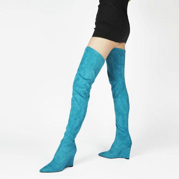 

boots fashion slope heel women's shoes spring autumn ladies slip on slim-fit thigh faux suede pointed toe winter 34-43, Black