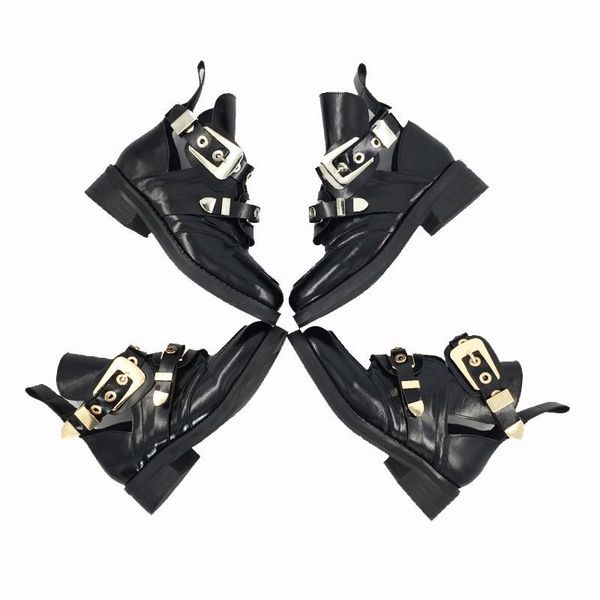 

fashion women buckle high summer sandals motorcycle hollow out leather shoes casual footwear punk block heels boots, Black