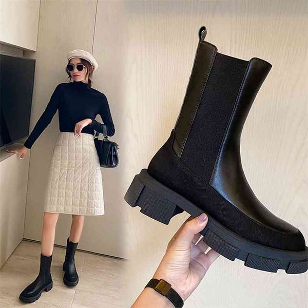 

ins women ankle boots natural leather 22-24.5cm cowhide stitching twill chelsea boots cyberstar fashion skinny boots 2 color 210914, Black