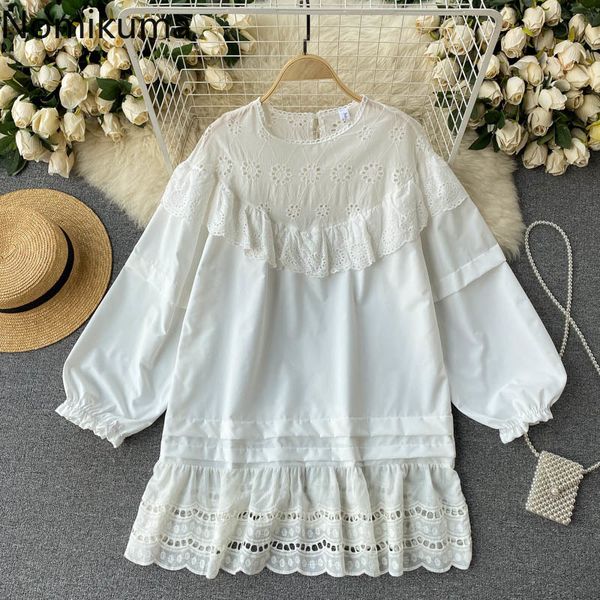 

nomikuma blouse women lace ruffle hook hollow-out shirt spring new puff sleeve o-neck causal korean sweet blusa mujer 6f486 210427, White