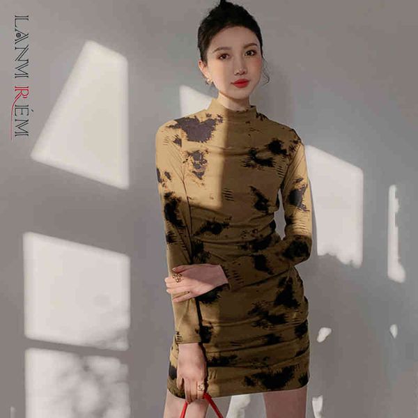 

vintage print dress slim thin pleated ink-splattered bottoming women short dresses spring autumn 2a9025 210507, Black;gray
