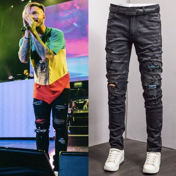 

rip jeans whisking damage bleach washed denim trousers worn out skinny fit plus size 38 kg-180, Blue