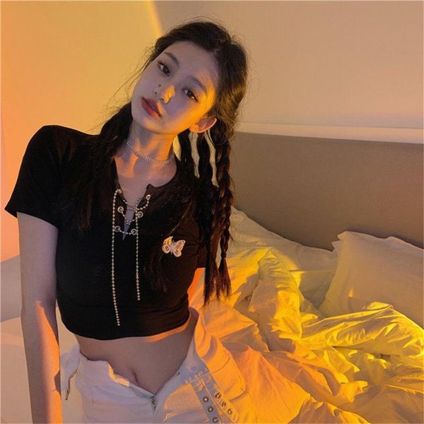 

women's t-shirt women summer short midriff tieback chain butterfly pattern v-neck 2021 ins fashion spencer black white gray