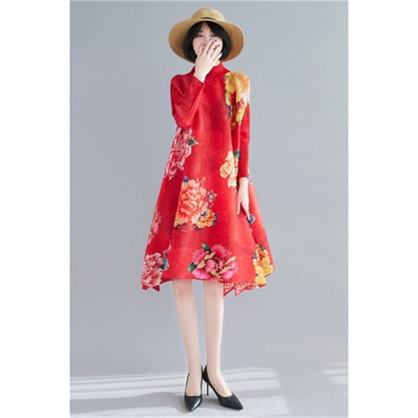 

miyake fashion peony printing half turtleneck long dress line stock, Black;gray