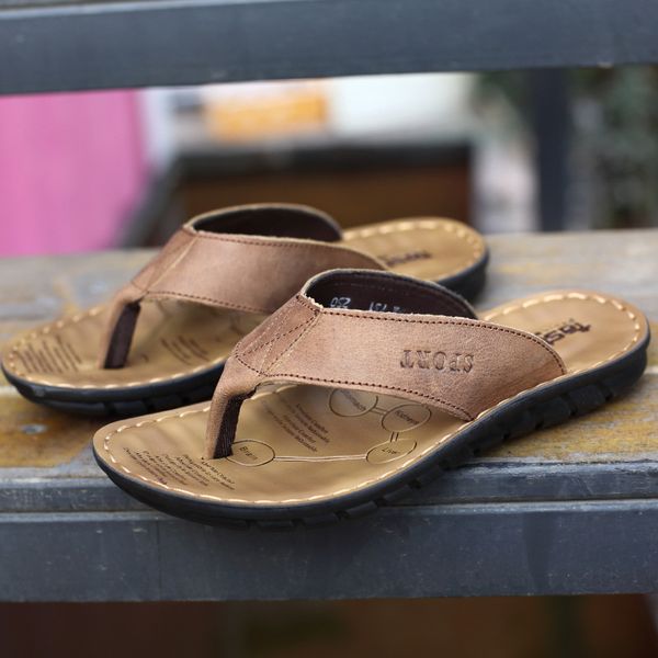 

summer shoes men slippers genuine leather beach slippers mens flip flop sandals summer man shoes male flip flops, Black