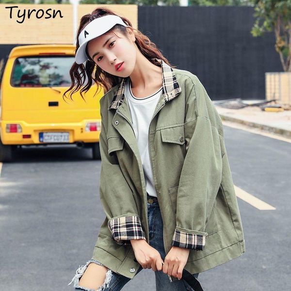 

women's jackets women patchwork cargo coats plaid casual basic turn-down collar loose korean fashion harajuku streetwear autumn chic, Black;brown