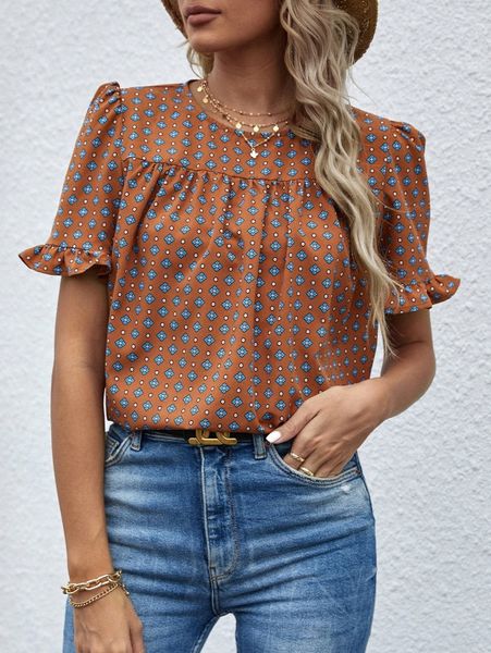 

allover print flounce sleeve blouse s01l#, White