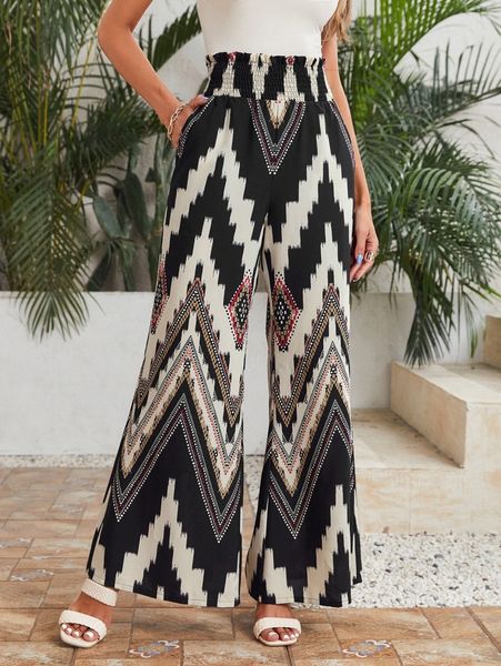 

shirred waistband graphic print wide leg pants s1r8#, Black;white
