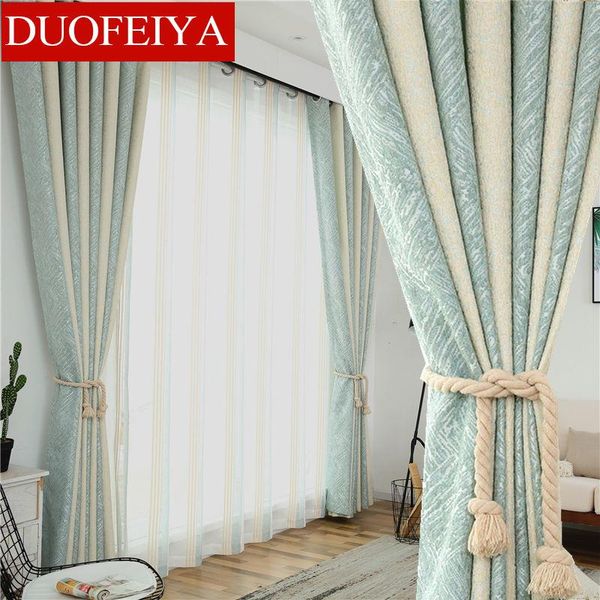 

striped nordic style blue-green curtains for living room shade chenille thickened warmth and cold-proof curtain & drapes
