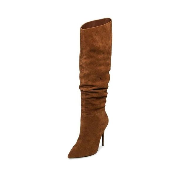 

boots autumn winter faux suede ladies pleated knee high fashion loose slip on thin heel large size pointed toe women's shoes, Black
