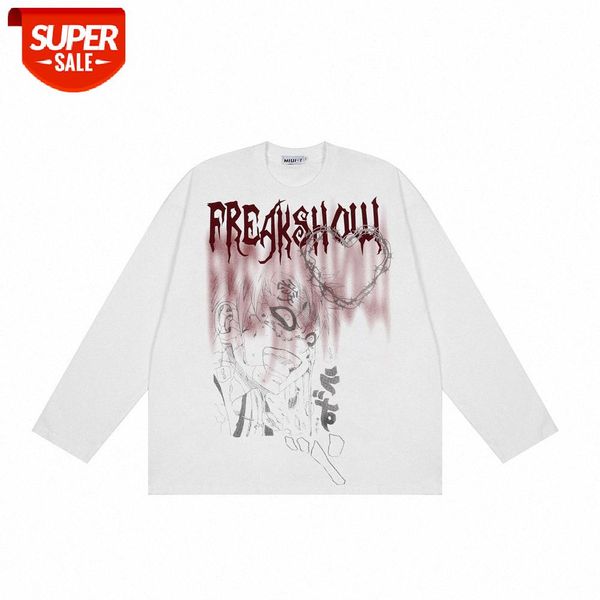 

two-dimensional character hand-painted printing long-sleeved t-shirt men's street loose round neck pullover bottoming shirt #hb5z, White;black