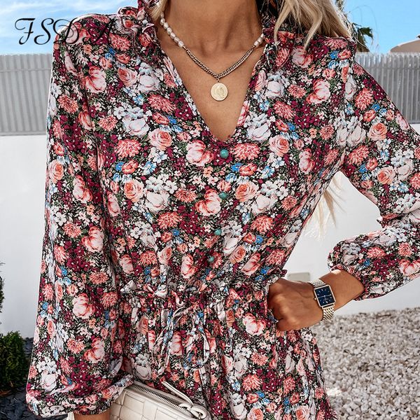 

summer spring 2021 floral print dress boho women v neck a line ruffles beach elegant blue casual midi dresses, Black;white