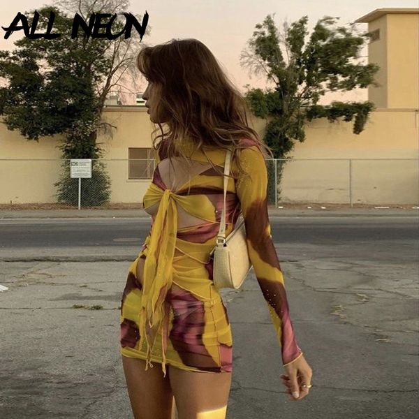 

allneon y2k aesthetics printing hollow out bandage front party dresses vintage e-girl o-neck transparent long sleeve dress, Black;gray