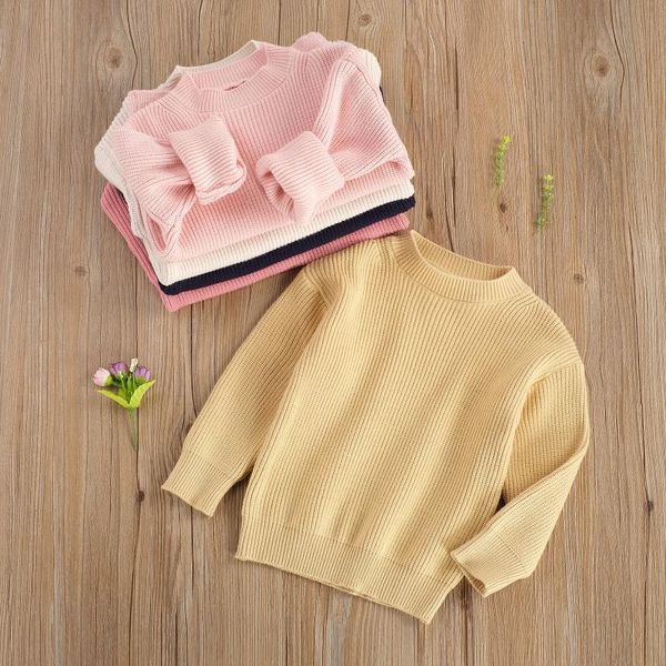 

pullover casual kids girl boy knit sweaters autumn winter solid color loose jumpers children round collar long sleeve 0-6y, Blue