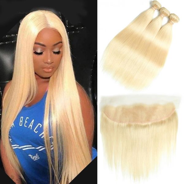 

human hair bulks beaudiva straight #613 color blonde bundles with frontal brazilian weave lace, Black