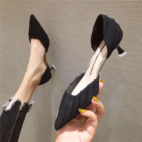 

sandals pointed toe shoes women's autumn style korean fashion all-match shallow mouth hollow baotou stiletto high heels, Black