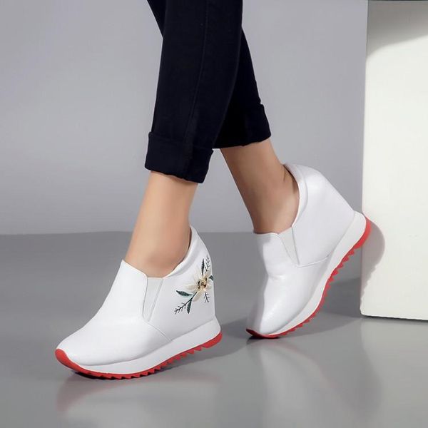 

dress shoes genuine leather high heel lady casual women wedges sneakers leisure platform breathable increasing slip on footwear, Black