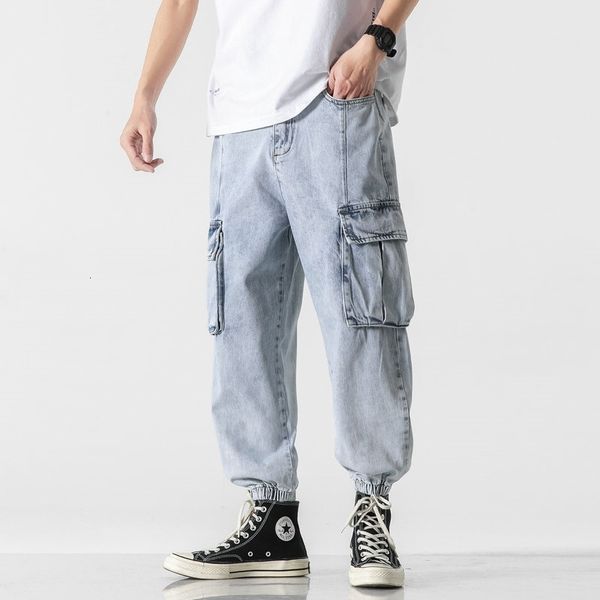 

men's jeans mens blue gray streetwear korean button fly male fashion big pocket loose oversized denim pants 5xl xxi2