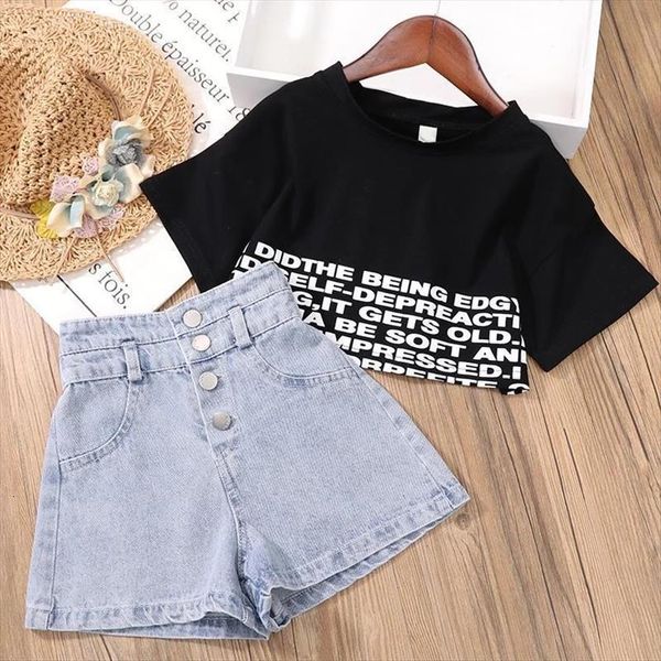 

kids girls clothes set summer girl crop t shirt denim shorts 2pcs outfits baby clothing 4 5 710 to, White