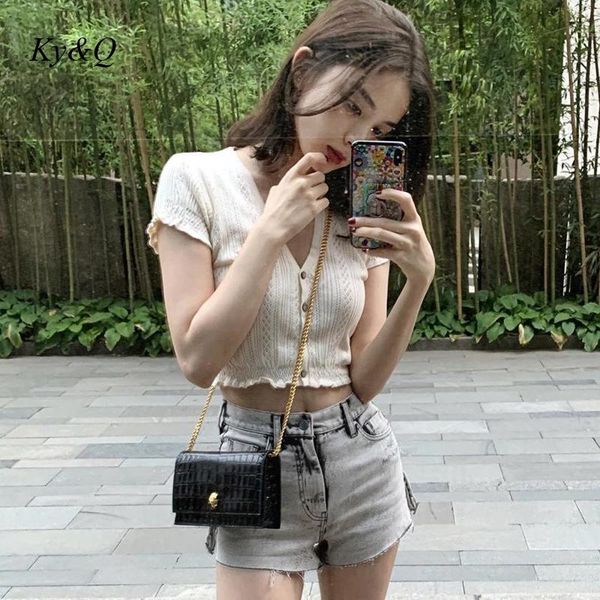

women's t-shirt 2021 summer women fashion short sleeve button cardigan design casual v-neck navel exposed knitted, White
