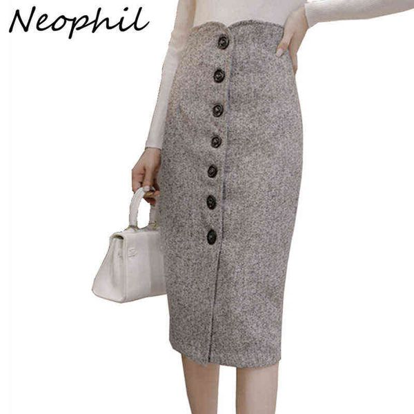 

neophil high waist woolen button pencil midi skirts office ladies office elegant grey winter wool wrap skirts faldas s1738 211120, Black