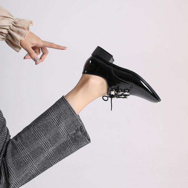 

spring autumn shoes women fashion patent leather british pumps ladies mid heels lace up zapatos mujer chaussure femme dress, Black