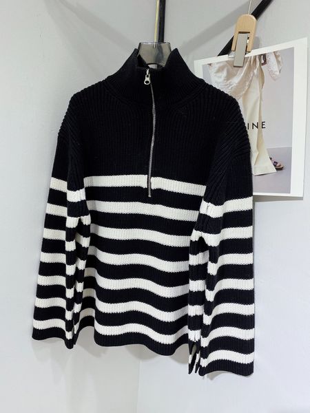 

half zip loose stripe sweater, White