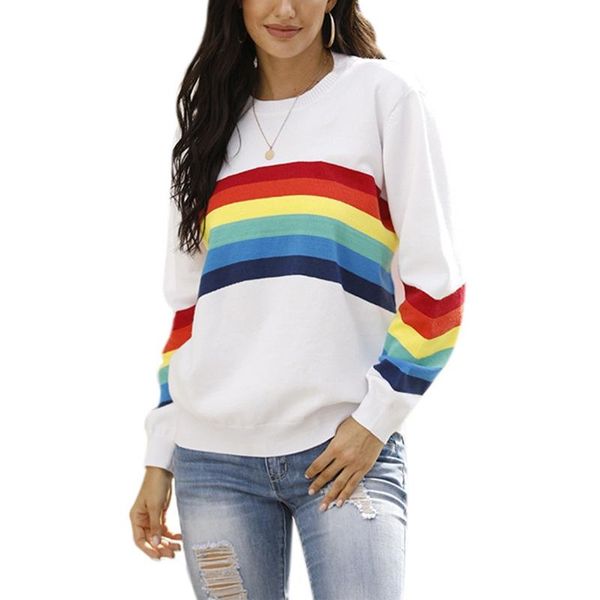 

women's sweaters women long sleeve crew neck sweater rainbow striped loose pullover knitwear d08e, White;black