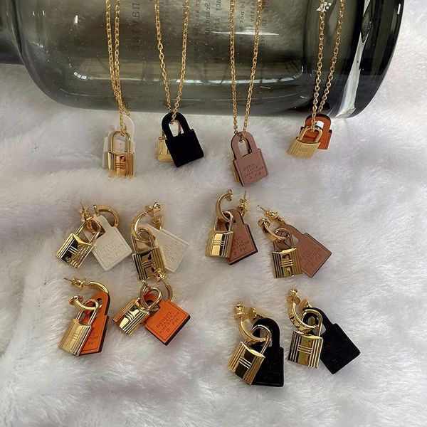 

hoop & huggie leather double lock dangling earrings for women white brown orange black luxury designer, Golden;silver