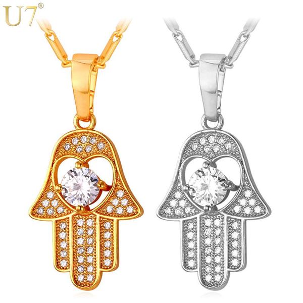 

pendant necklaces u7 heart necklace women lucky hand jewelry trendy gold color zirconia of hamsa men p876, Silver