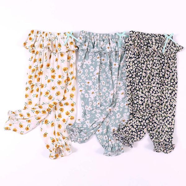 

trousers 2021 spring autumn baby girls pants floral print cotton ruffle bloomers anti-mosquito soft pantalones toddler kids clothes, Blue