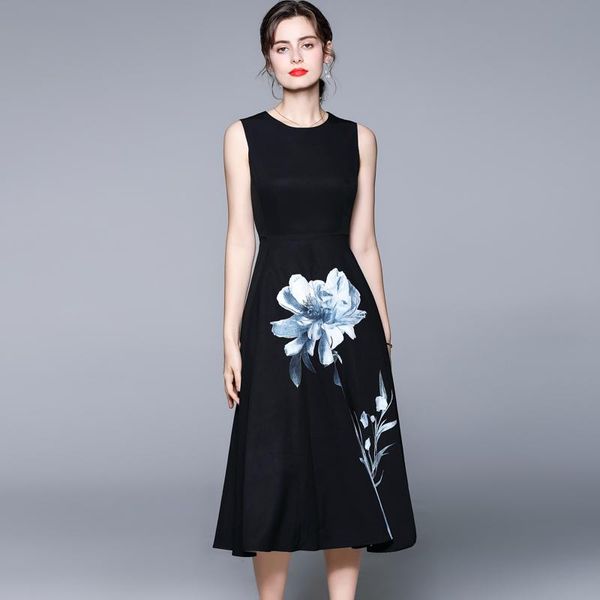

casual dresses banulin 2021 designer runway summer dress women o-neck fashion sleeveless high waist floral print black elegant midi, Black;gray