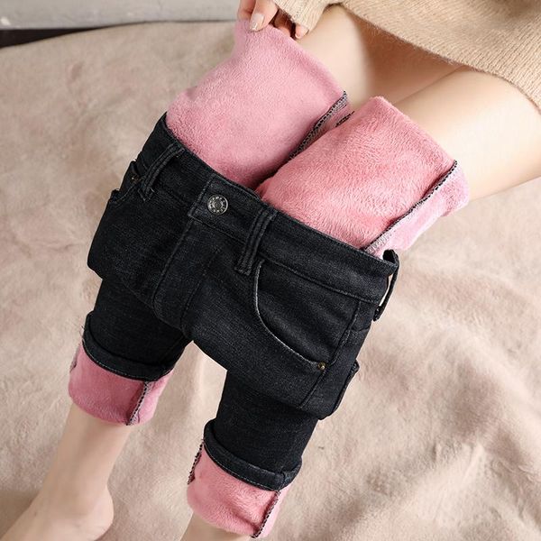

women's jeans winter warm skinny pencil for women thick velvet leggings stretch fleece denim pants trousers female, Blue