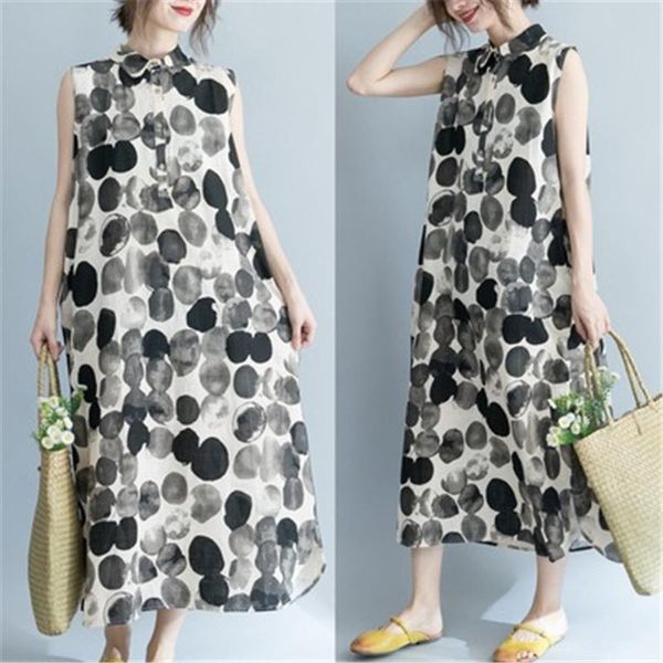 

casual dresses 2021 summer fashion product temperament art large size cotton and linen printed lapel sleeveless dress female trend, Black;gray