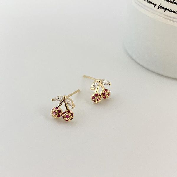

stud allme romantic small gold red color cherry earrings for women ladies bling zircon chic accessories, Golden;silver
