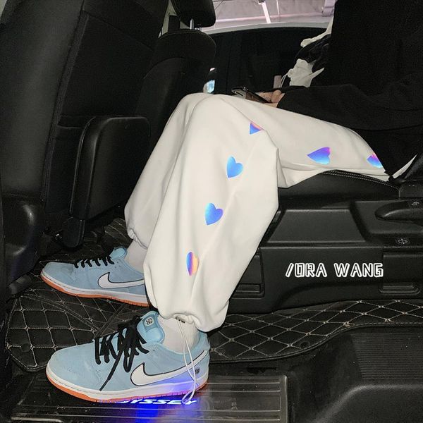 

side reflective print sweatpants fashion women pant trends joggers clothing teen heart graphic baggy pants hip hop streetwear, Black