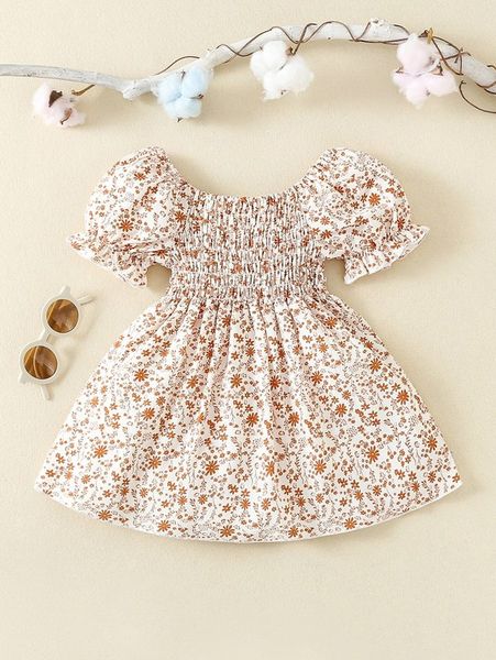 

baby ditsy floral shirred puff sleeve dress she, Red;yellow