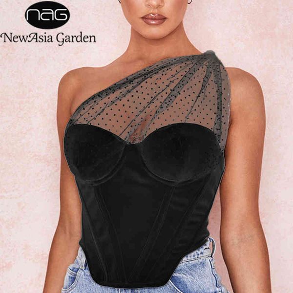 NewAisa Summer Black Crop Top Donna Splice Polka Dot Mesh Una spalla Canotta sexy Push Up Imbottito Corsetto disossato Bianco 210413